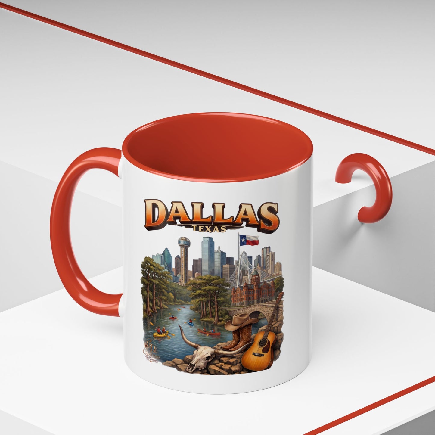 Dallas Skyline Accent Coffee Mug — Texas Souvenir Mug with Guitar & Cityscape
