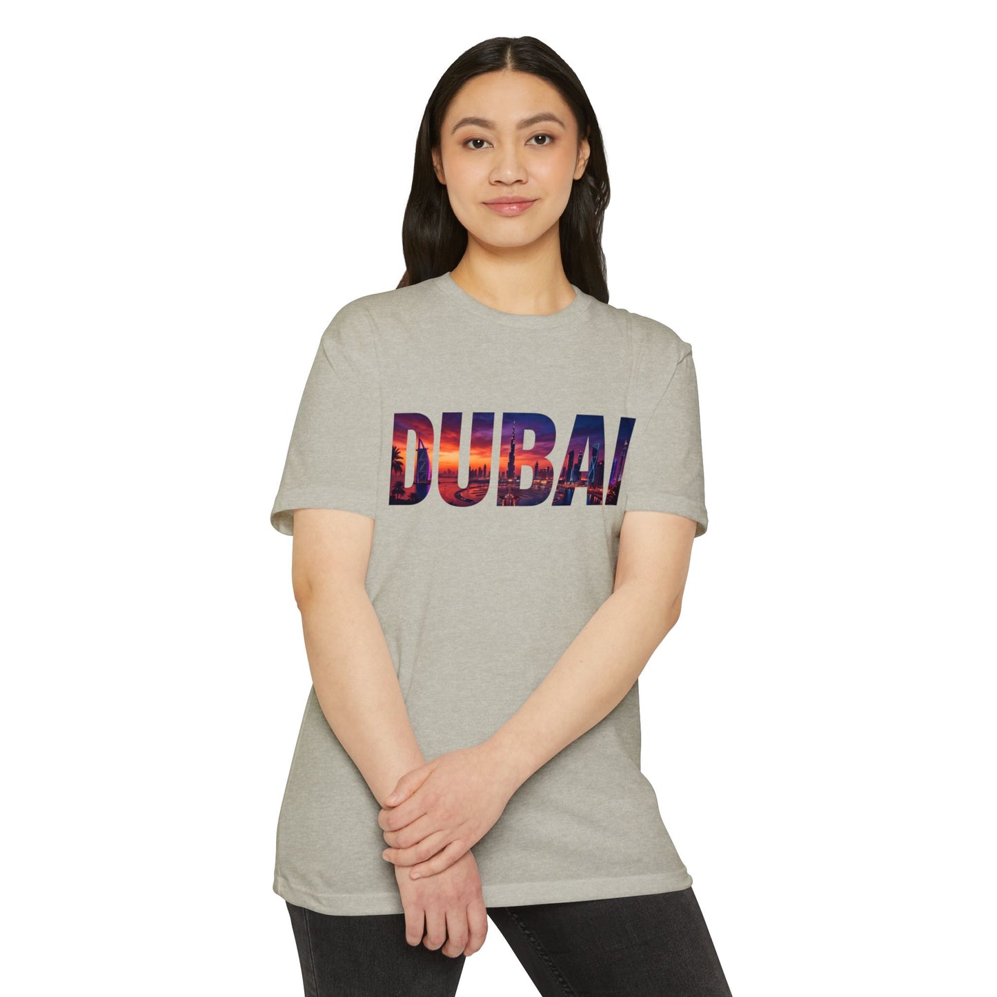 Dubai Cityscape T‑Shirt — Sunset Skyline Text Travel Tee