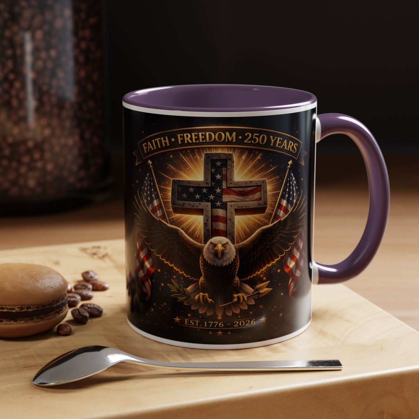 Patriotic Faith & Freedom Accent Coffee Mug — Eagle, Cross & American Flag (1776–2026)