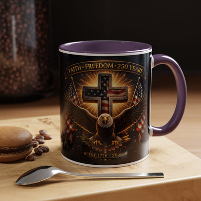Patriotic Faith & Freedom Accent Coffee Mug — Eagle, Cross & American Flag (1776–2026)
