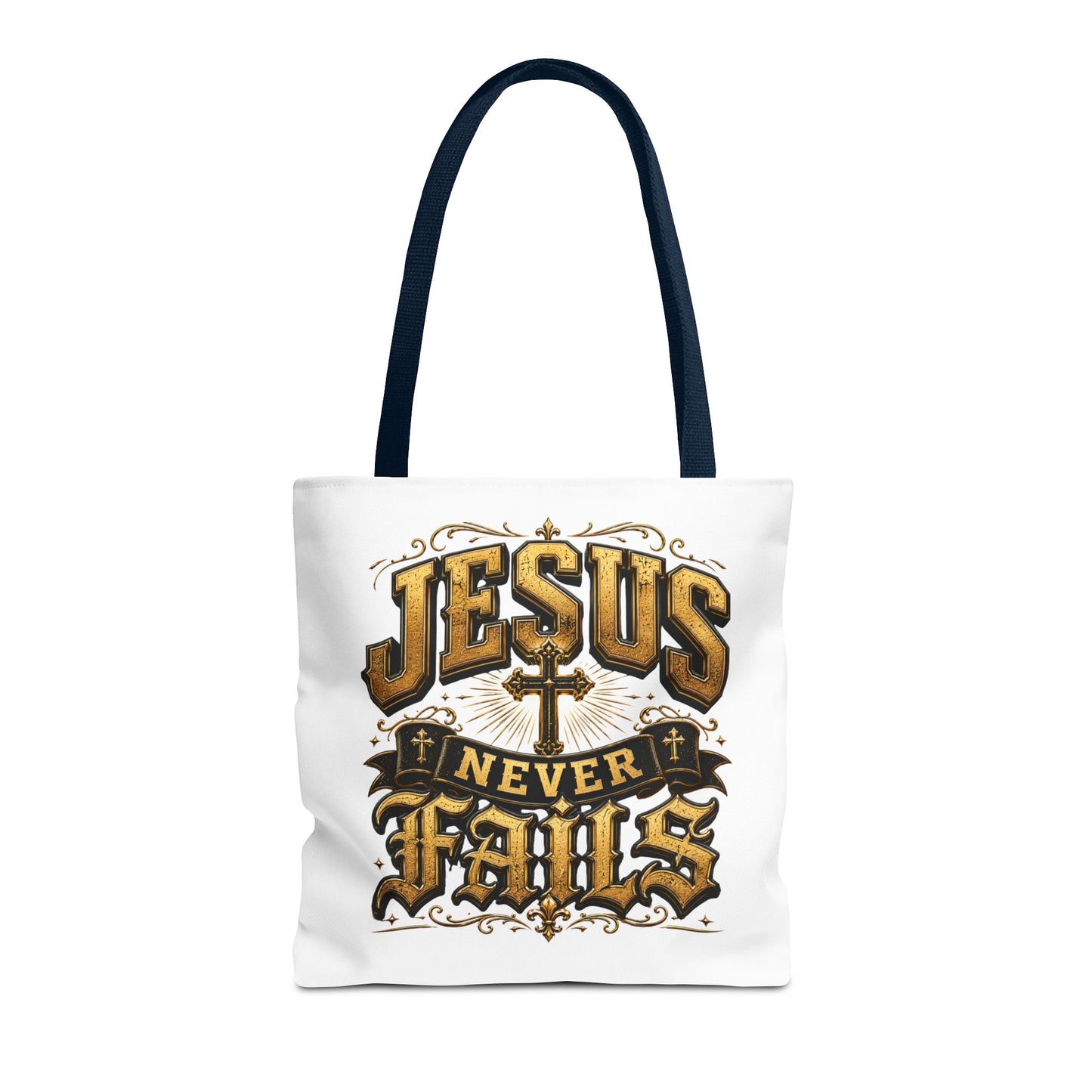 Jesus Never Fails Tote Bag — Christian Faith AOP Canvas Tote