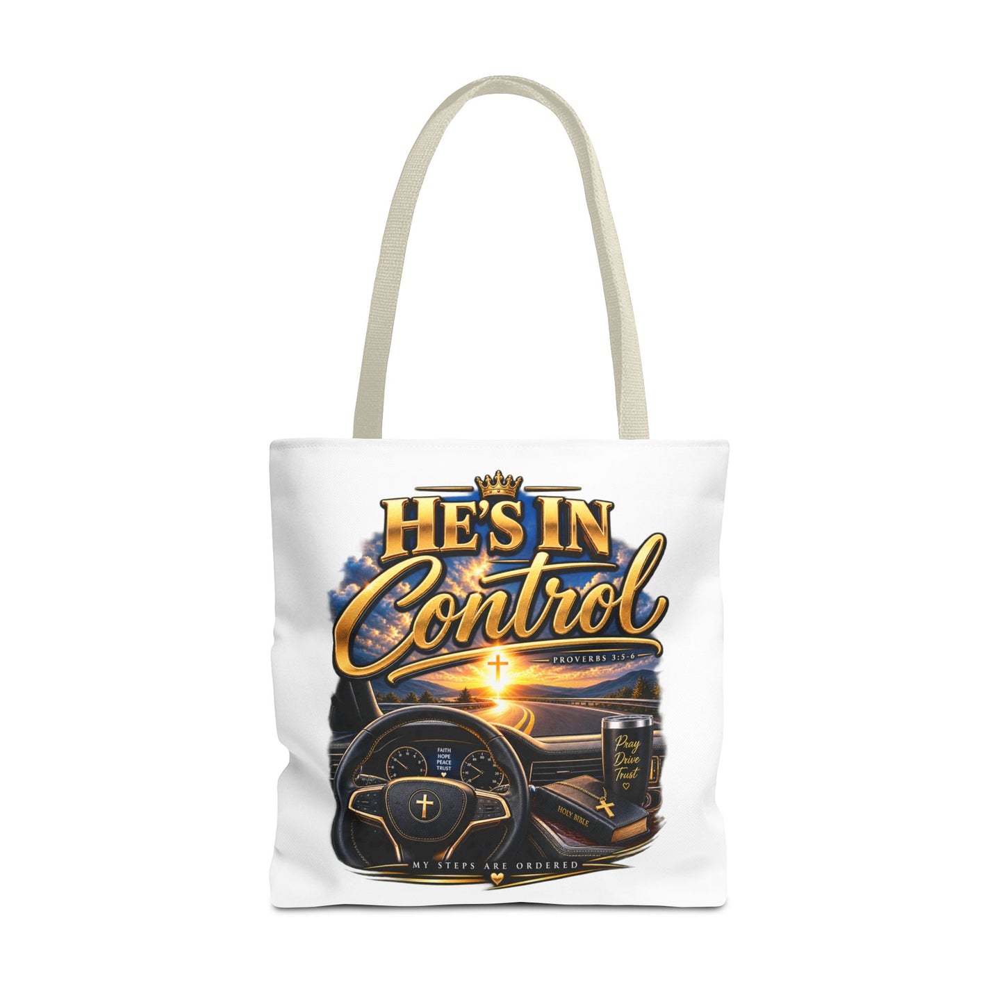 He's In Control Christian Tote Bag — Faith-Inspired Inspirational Grocery & Daily Carry AOP