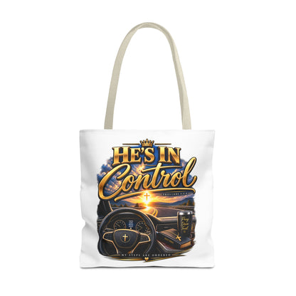 He's In Control Christian Tote Bag — Faith-Inspired Inspirational Grocery & Daily Carry AOP