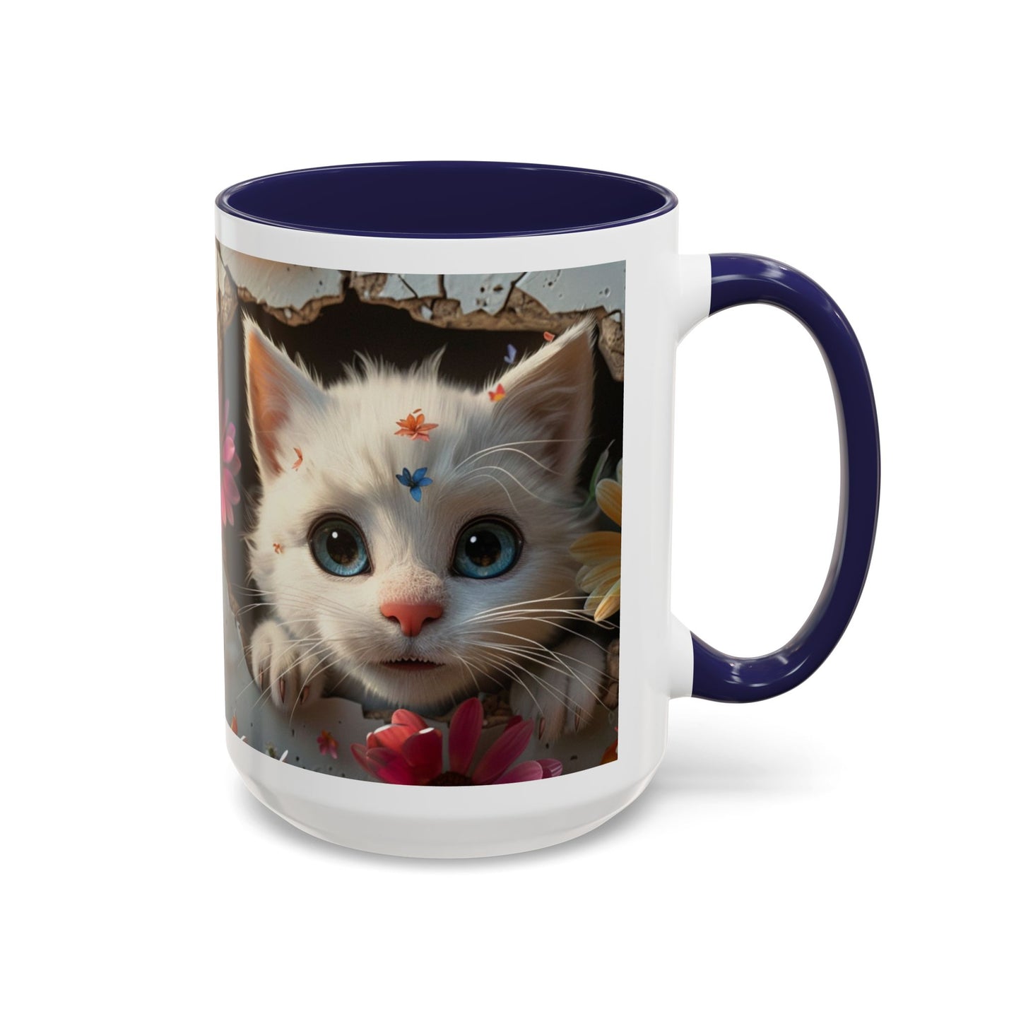 Cute White Kitten Coffee Mug – Floral Accent 11/15oz