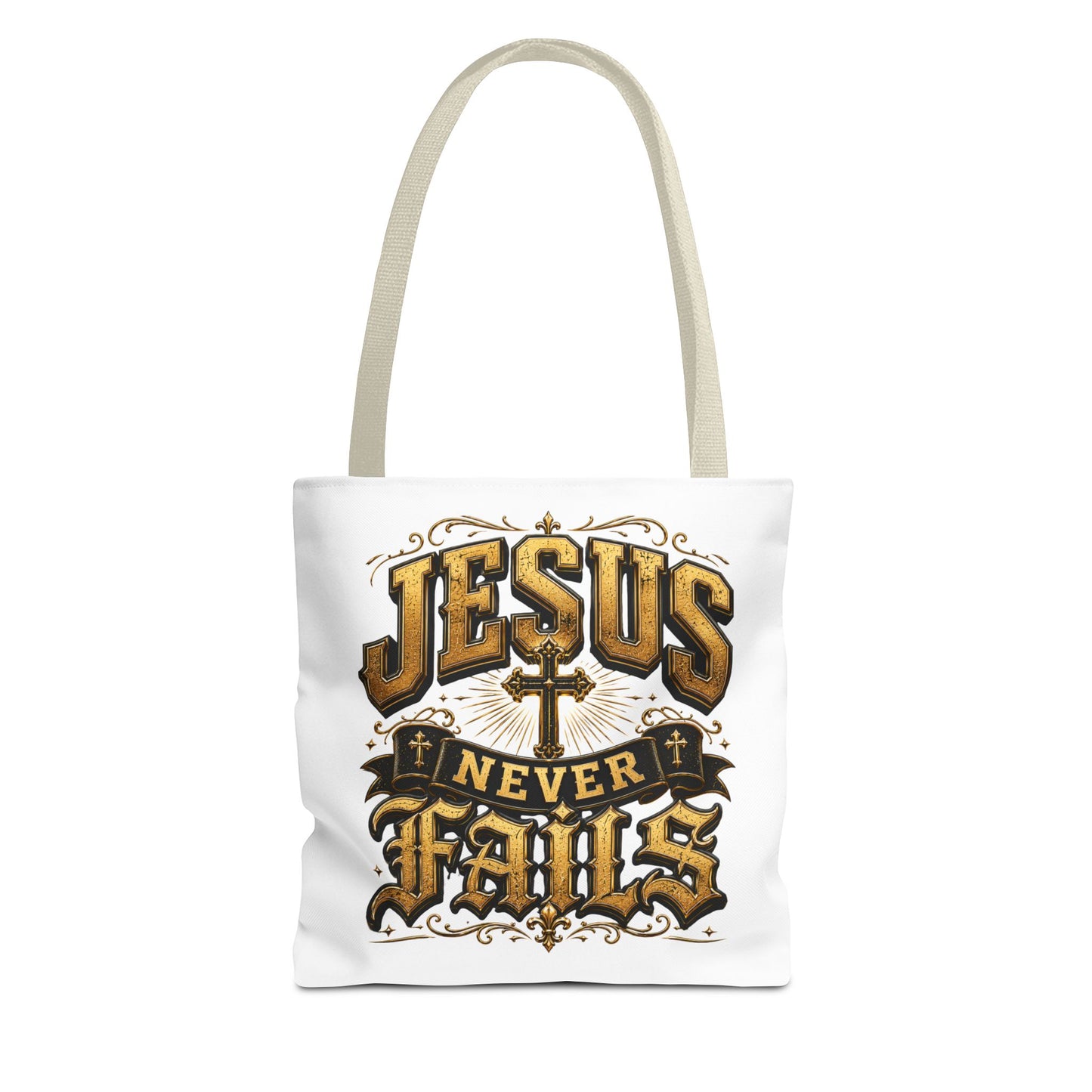 Jesus Never Fails Tote Bag — Christian Faith AOP Canvas Tote
