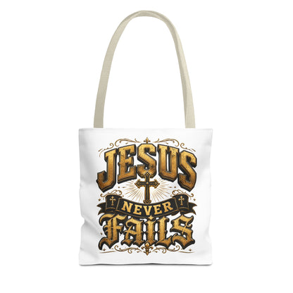Jesus Never Fails Tote Bag — Christian Faith AOP Canvas Tote
