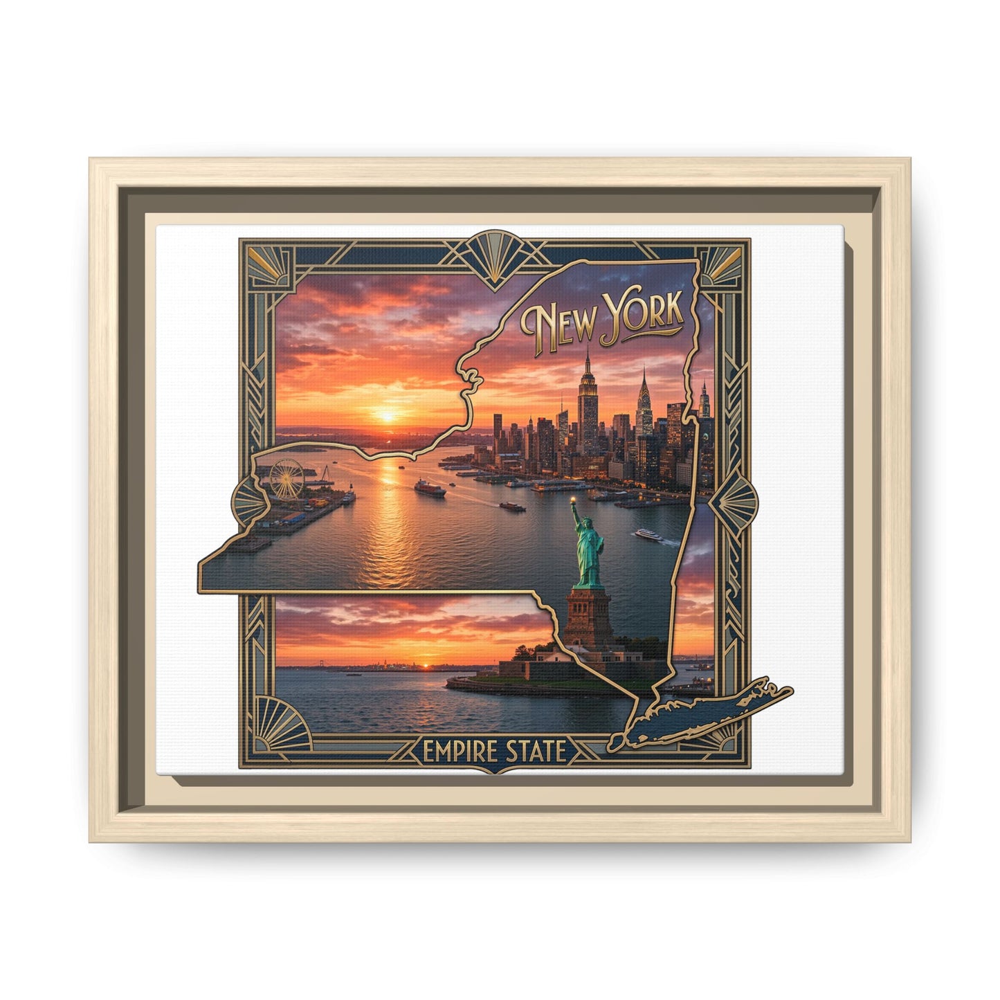 Framed Matte Canvas Wall Art — New York City Sunset Skyline with Statue of Liberty