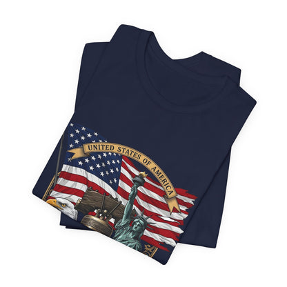 Liberty 250th Anniversary T-Shirt — American Flag, Liberty Bell & Statue of Liberty Tee