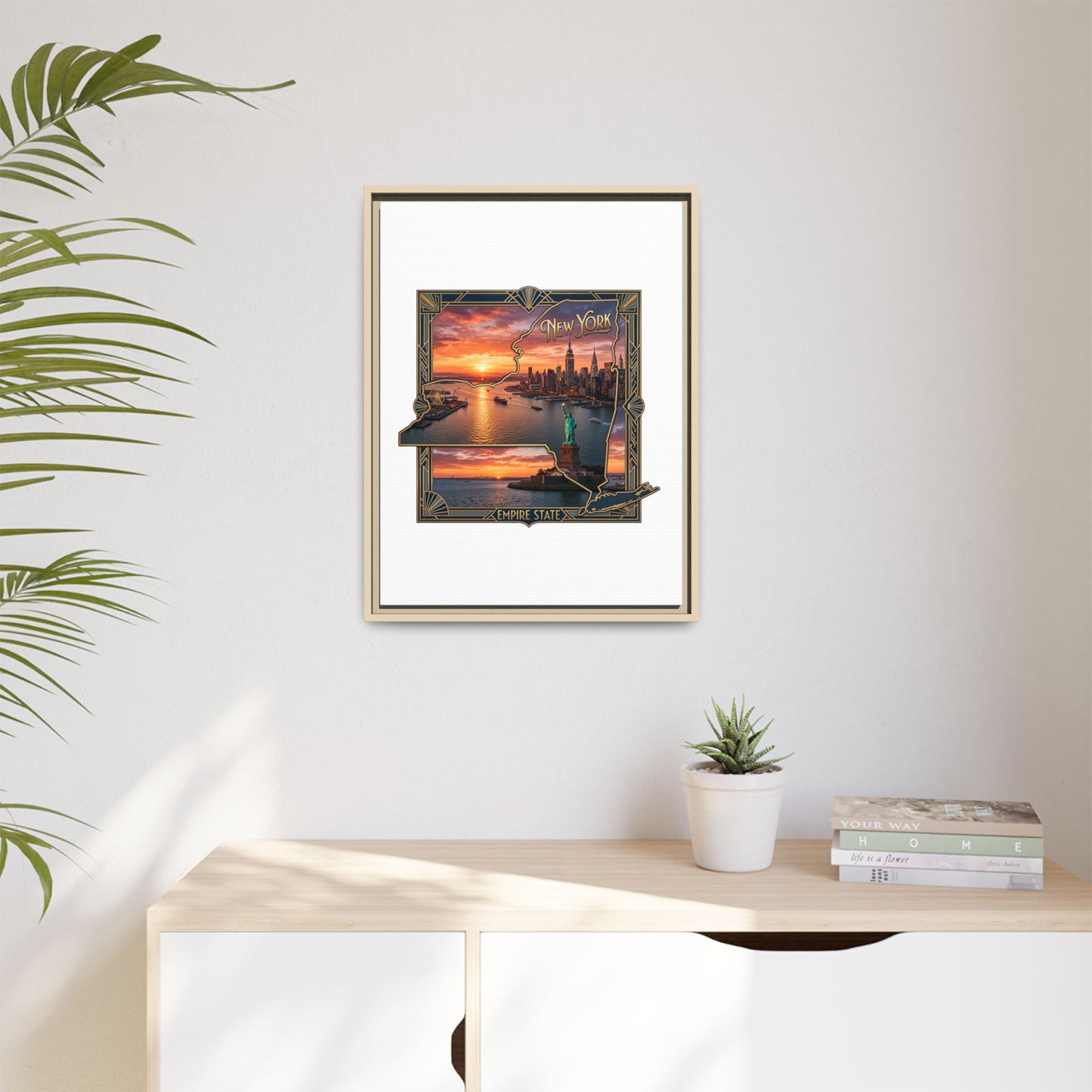 Framed Matte Canvas Wall Art — New York City Sunset Skyline with Statue of Liberty