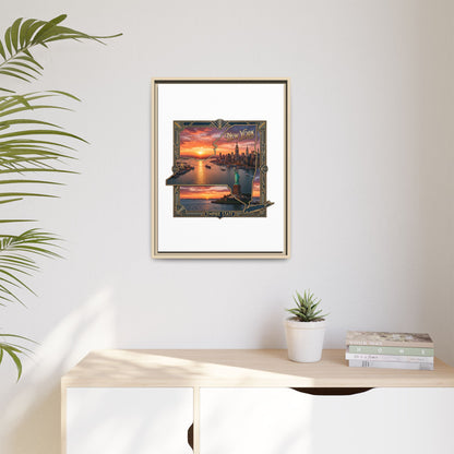 Framed Matte Canvas Wall Art — New York City Sunset Skyline with Statue of Liberty