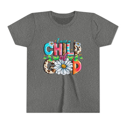 Youth Tee — "I Am a Child of God" Floral Christian Graphic