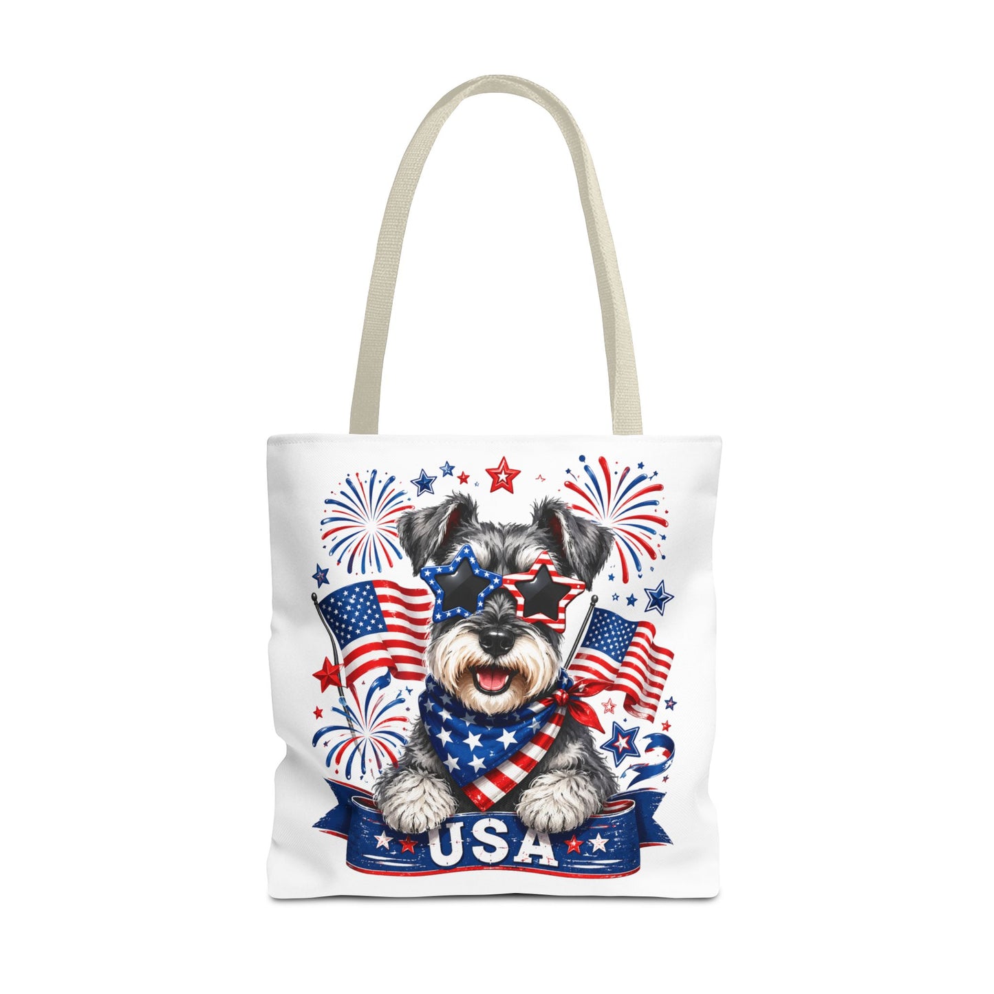 Patriotic Schnauzer Tote Bag — USA Flag Fireworks All-Over Print