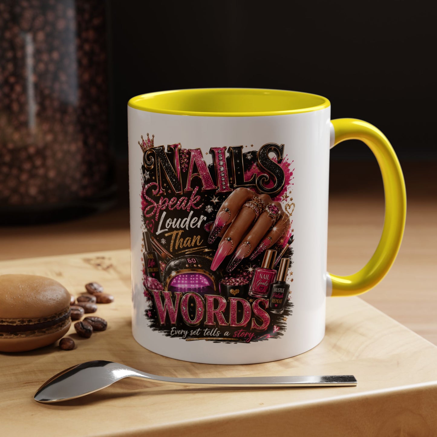Accent Coffee Mug - "Nails Speak Louder Than Words" Pink Nail Tech Coffee Mug