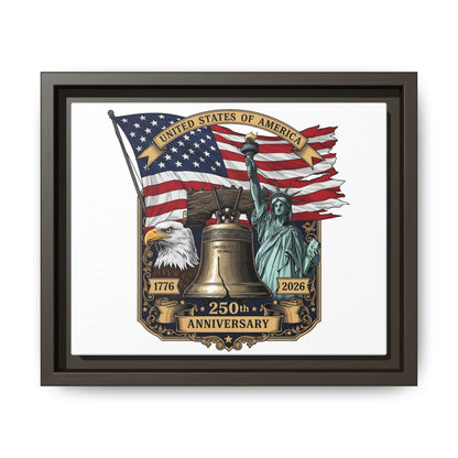 Liberty 250th Anniversary Framed Canvas Print — American Flag, Statue of Liberty & Liberty Bell Art