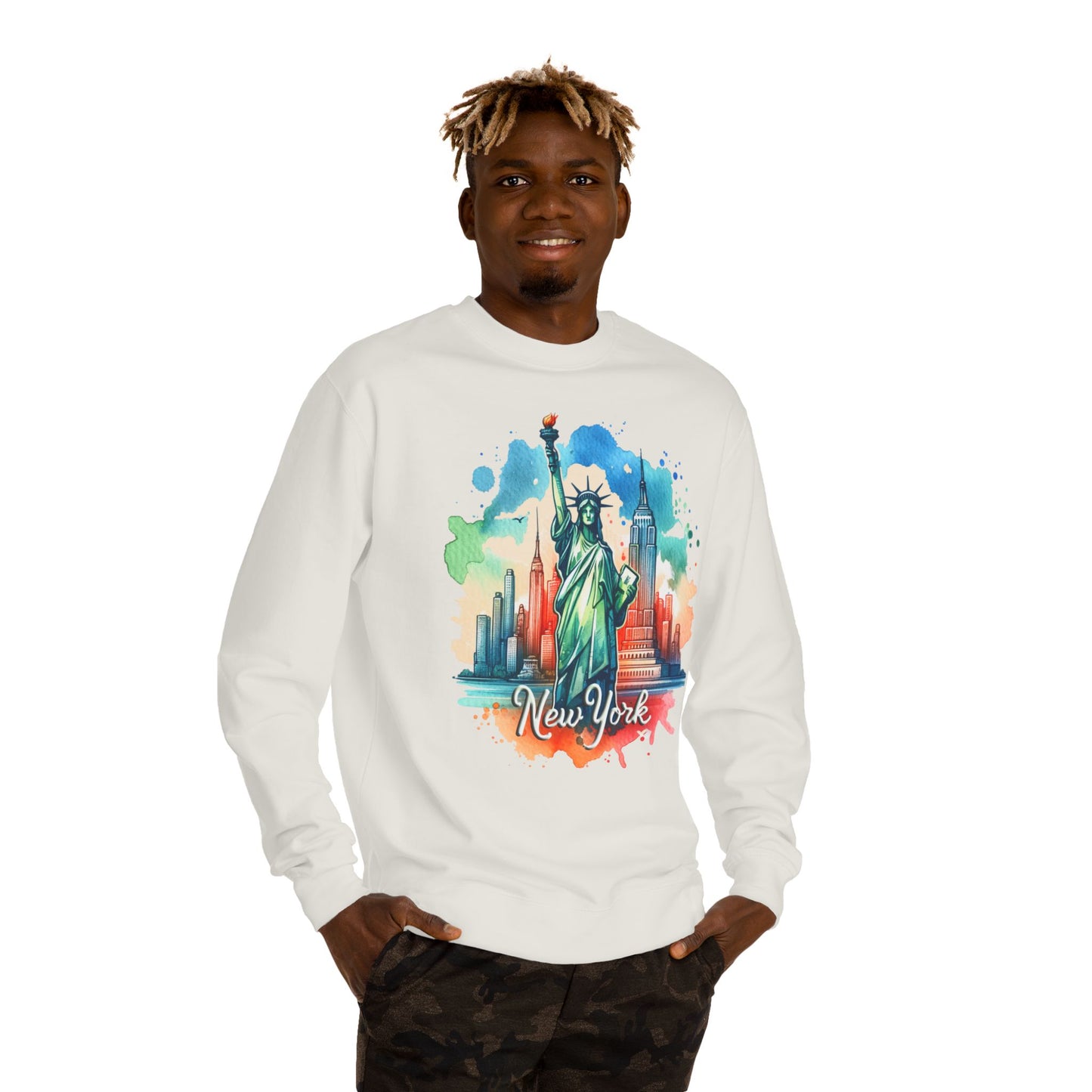 New York Skyline Sweatshirt — Colorful Statue of Liberty Cityscape Crewneck