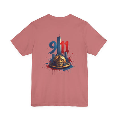 9/11 Firefighter Memorial Tee — Tribute T-Shirt with Helmet & Twin Towers Design