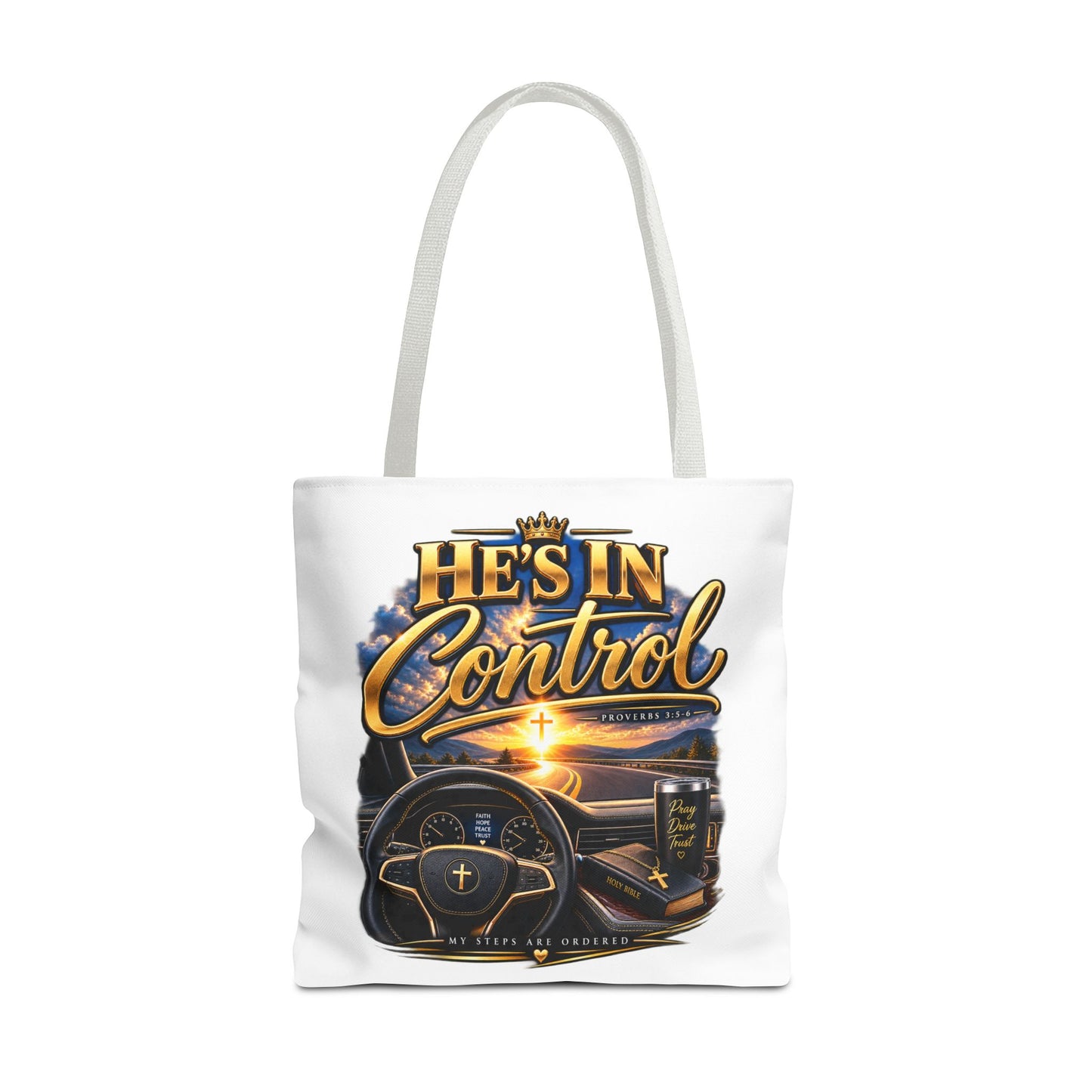 He's In Control Christian Tote Bag — Faith-Inspired Inspirational Grocery & Daily Carry AOP