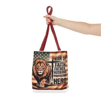Tote — "Man of Faith, Father, Husband, Protector, Hero" Patriotic Lion Tote