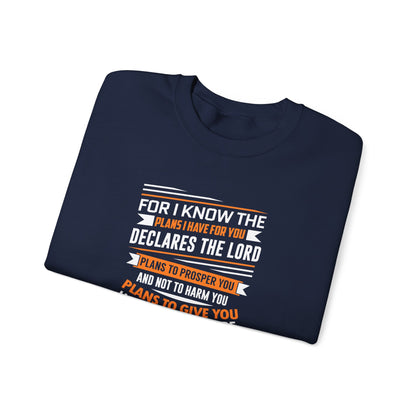 For I Know the Plans I Nave for You Declares the Lord Plans to Prosper You and Not to Harm You Plans to Give You Hope and a Future Sweatshirt