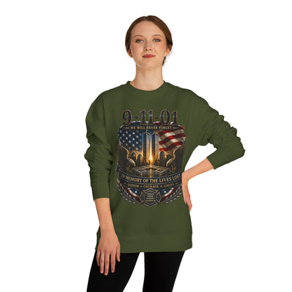 9/11 Memorial Sweatshirt - ‘We Will Never Forget’ Tribute Crewneck with Twin Towers & Flag