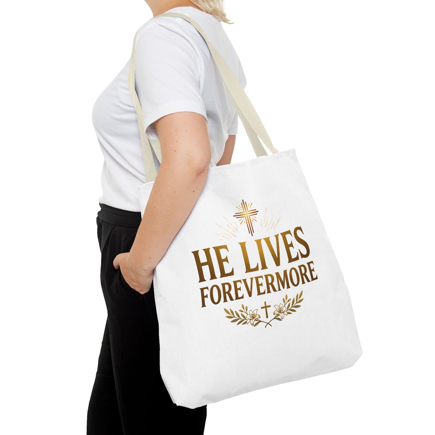 He Lives Forevermore Tote Bag – Christian Faith Cross Easter Canvas Tote