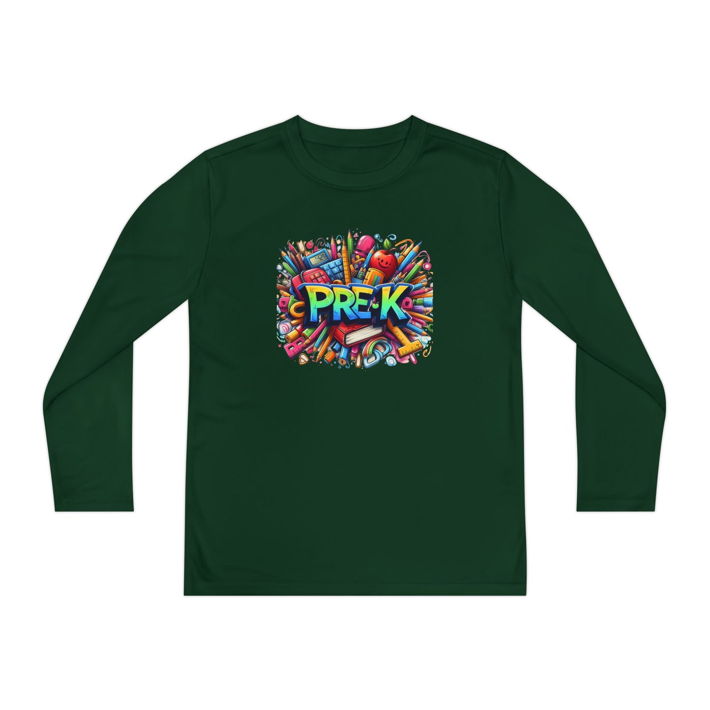 PRE-K Youth Long Sleeve Tee — Colorful School Supplies Design