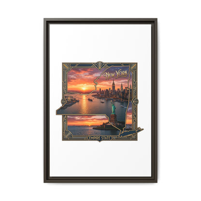 Framed Matte Canvas Wall Art — New York City Sunset Skyline with Statue of Liberty
