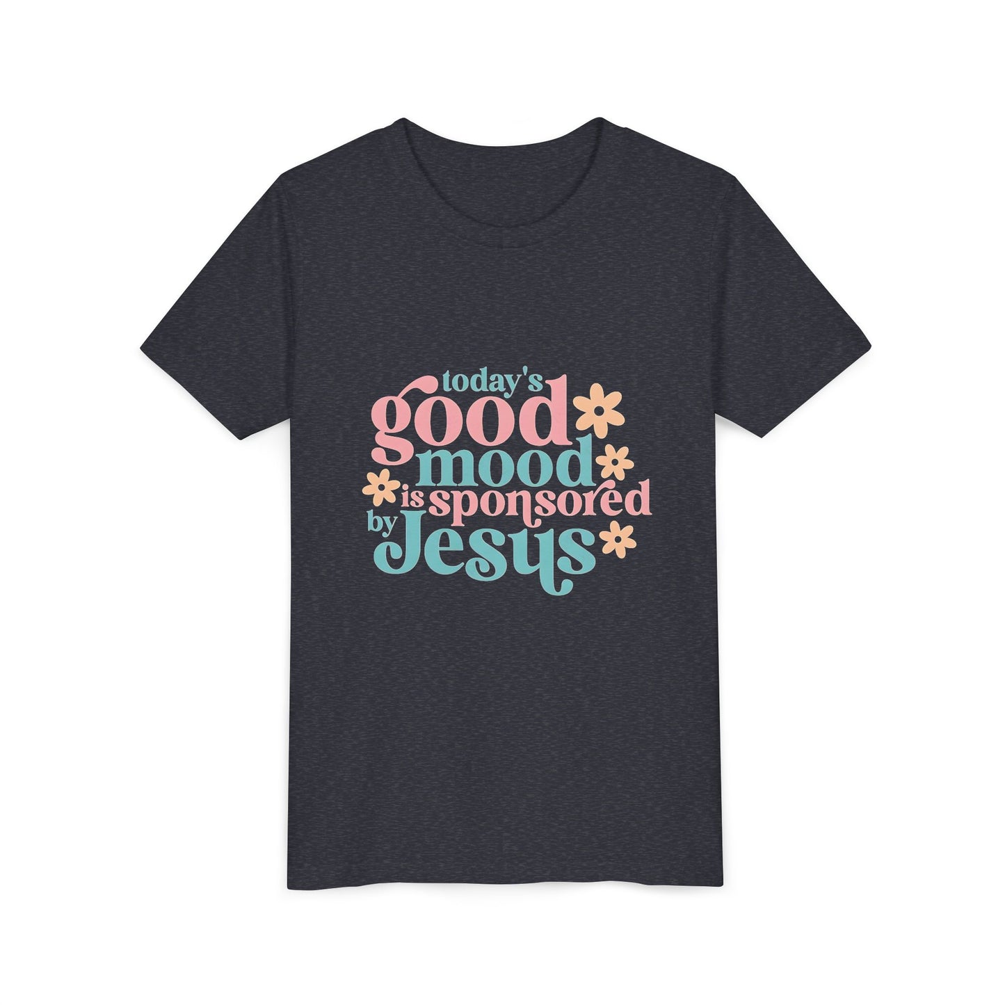 Youth Tee – "Today's Good Mood is Sponsored by Jesus" Retro Floral Christian Shirt