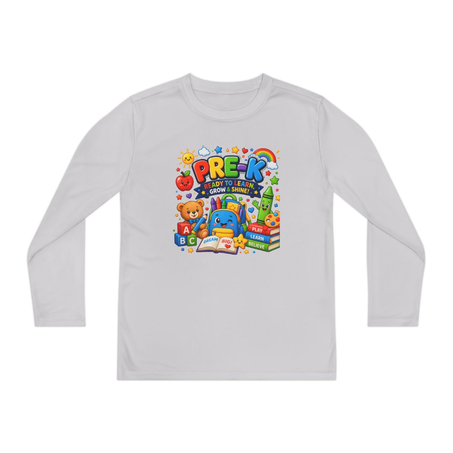 PRE-K Kids Long Sleeve Tee — Back-to-School Preschool Shirt ("Ready to Learn, Grow & Shine")
