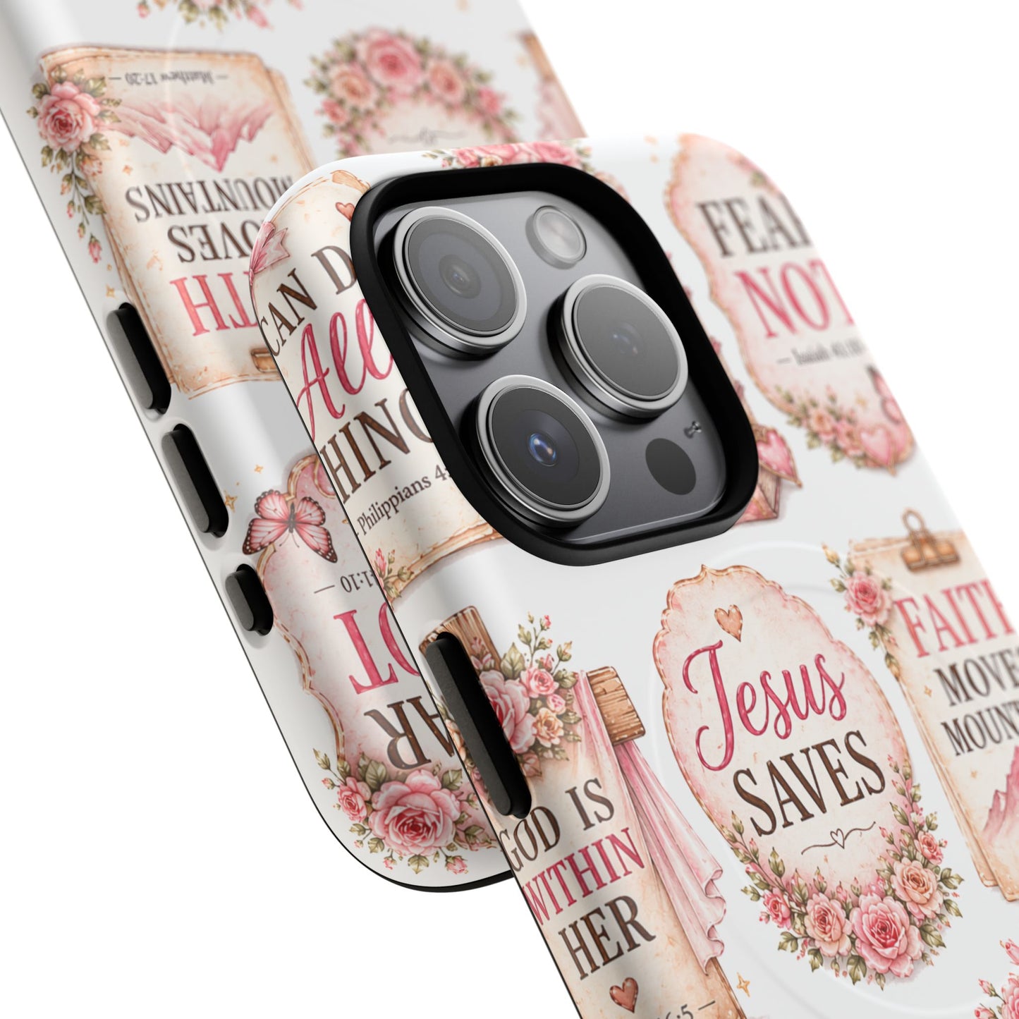 Christian Faith iPhone Tough Magnetic Case — 'Jesus Saves' Floral Scripture Design (Fear Not, Faith Moves Mountains)
