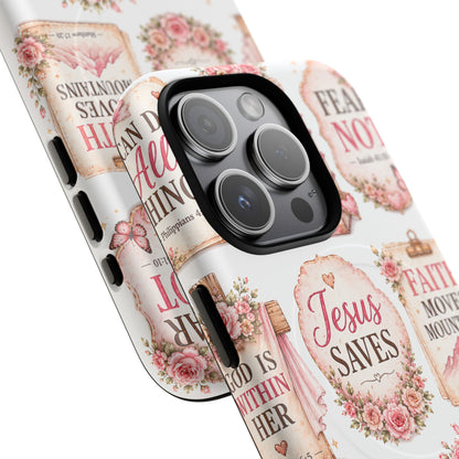 Christian Faith iPhone Tough Magnetic Case — 'Jesus Saves' Floral Scripture Design (Fear Not, Faith Moves Mountains)