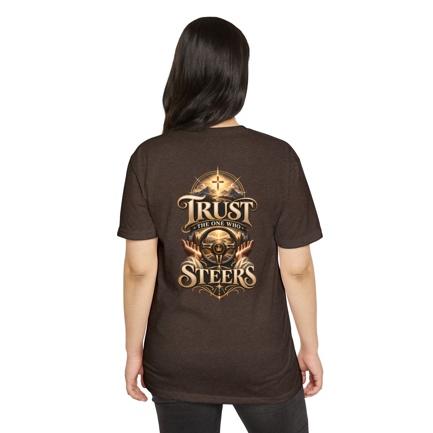 Trust He Steers T‑Shirt — Christian Faith Nautical Steering Wheel Design