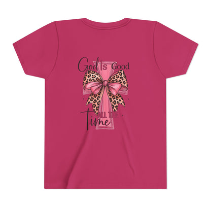 Youth Tee — "God is Good All the Time" Pink Cross with Leopard Bow