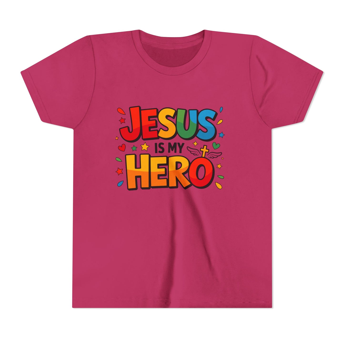 Youth Tee — "Jesus Is My Hero" Colorful Kids Christian T-Shirt