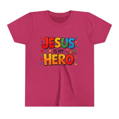Youth Tee — "Jesus Is My Hero" Colorful Kids Christian T-Shirt