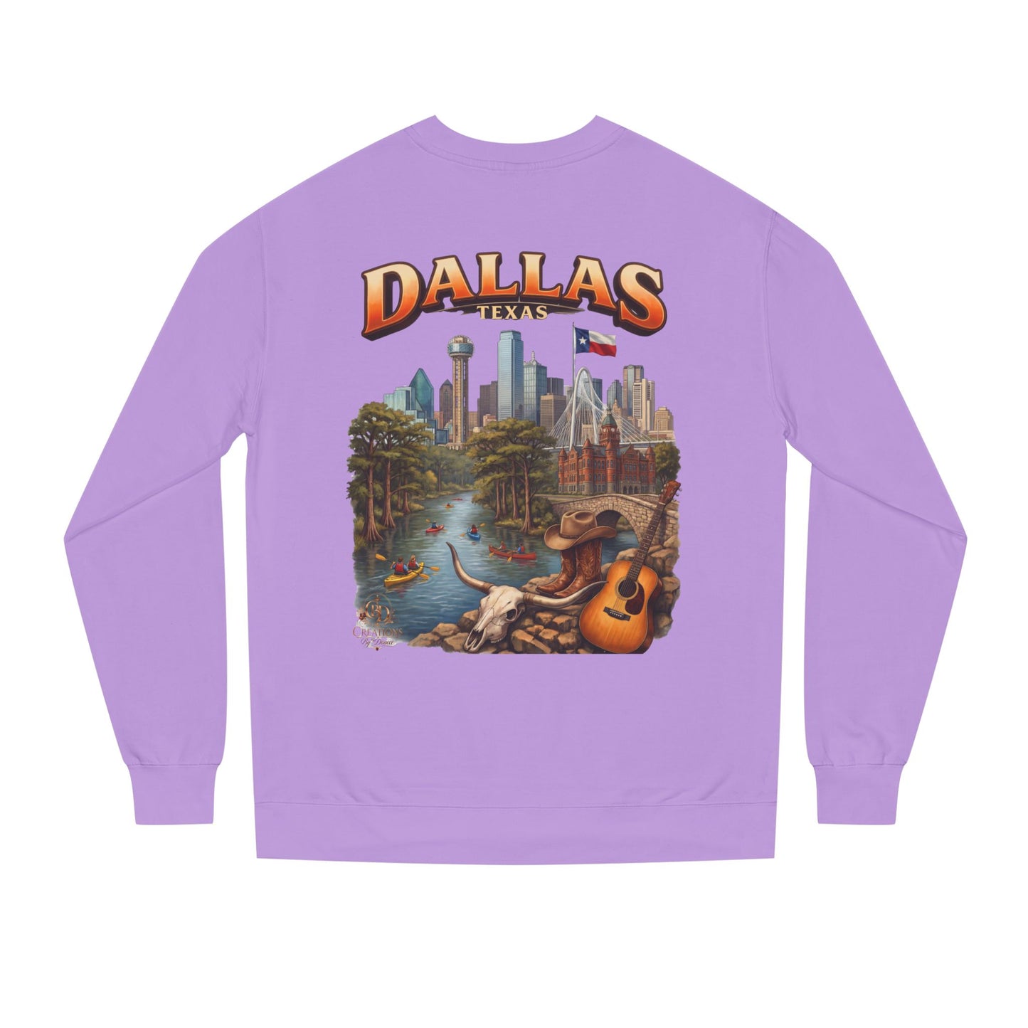 Dallas Skyline Crewneck Sweatshirt — Texas Cityscape & Acoustic Guitar Design