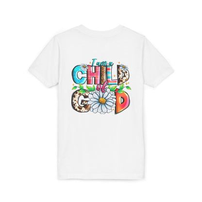 Youth Tee — "I Am a Child of God" Floral Christian Graphic