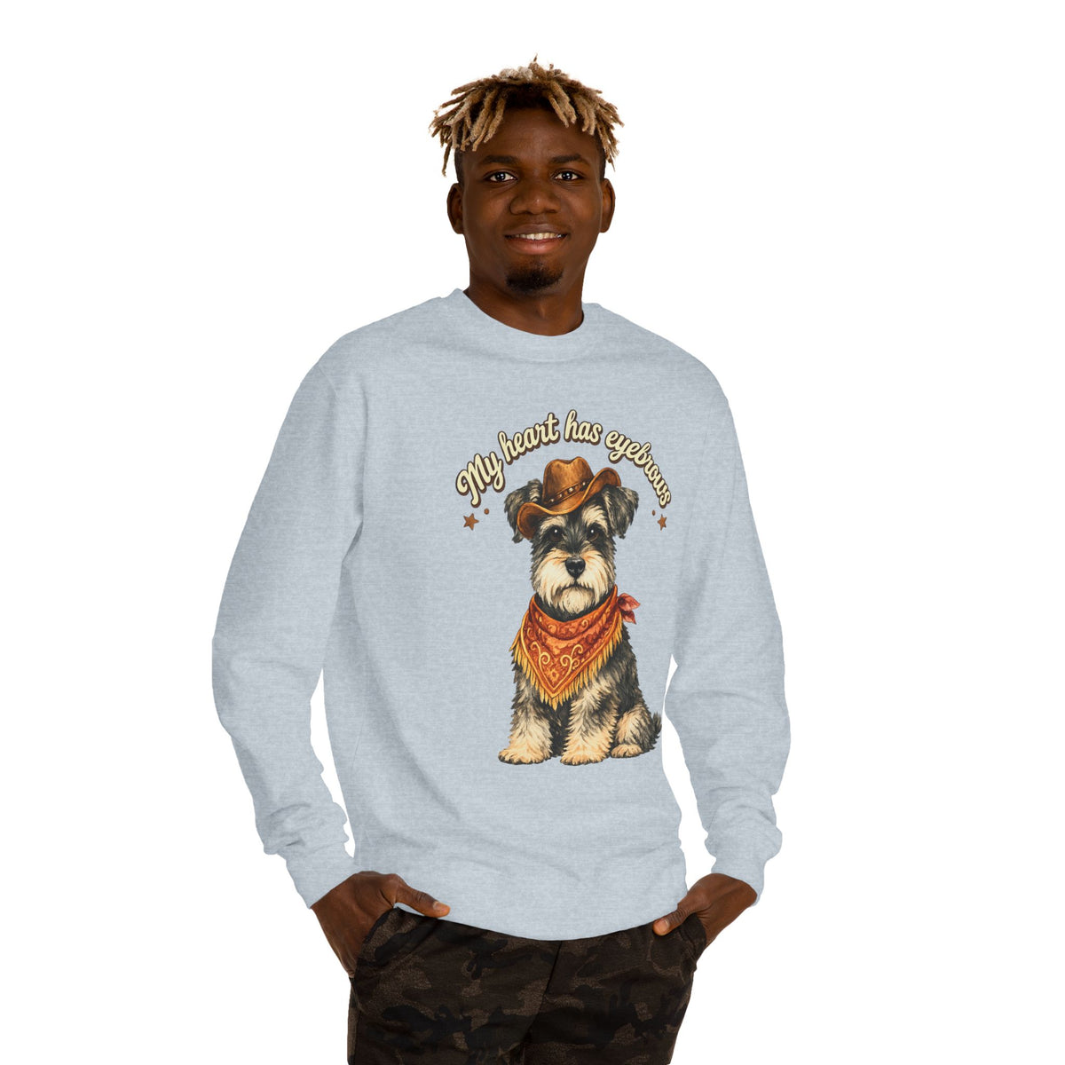 Schnauzer Cowboy Sweatshirt – "My Heart Has Eyeholes" Cute Western Dog Crewneck