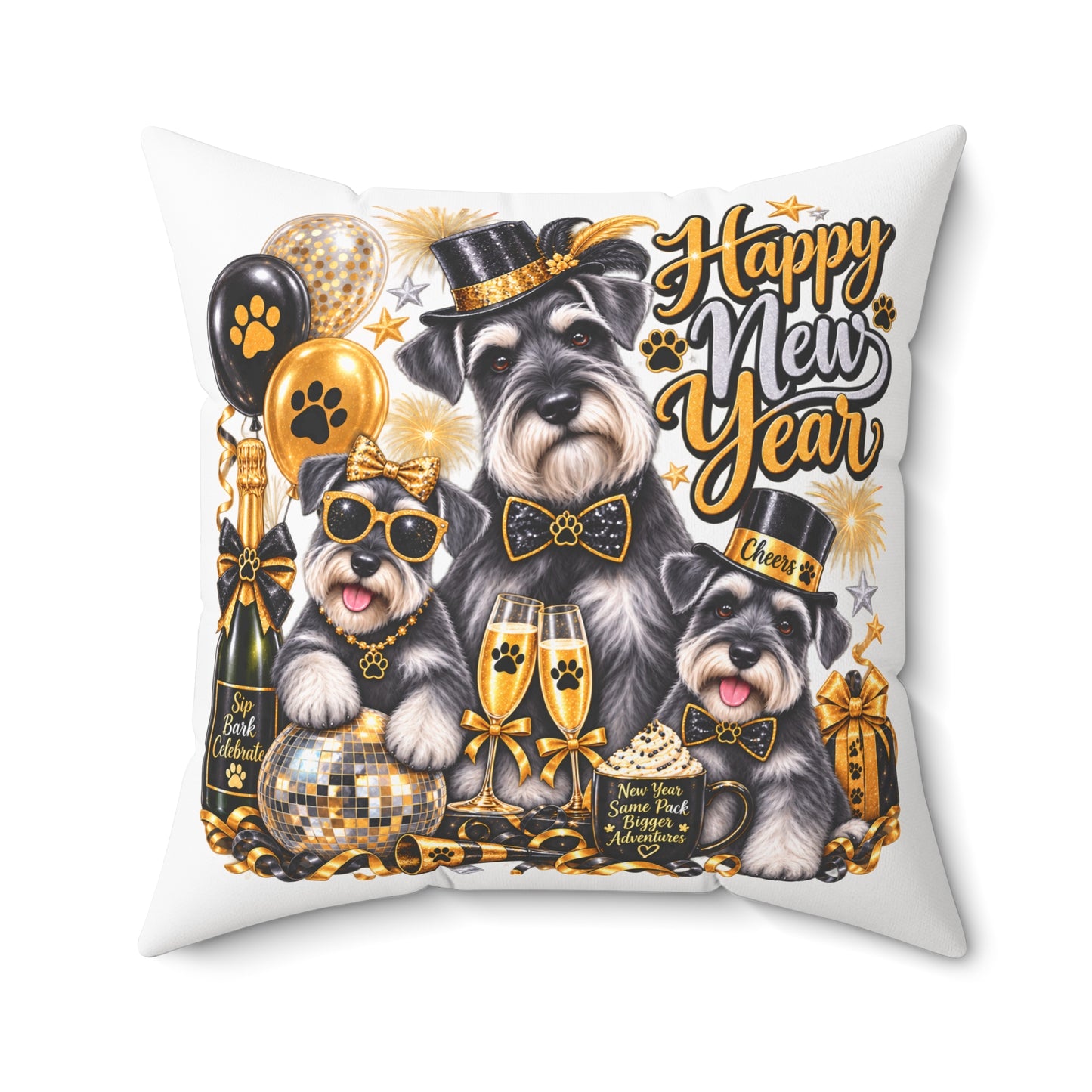 Happy New Year Schnauzer Pillow — Festive Gold Party Decorative Throw Pillow