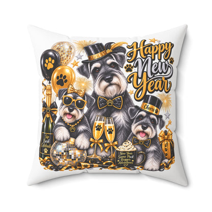 Happy New Year Schnauzer Pillow — Festive Gold Party Decorative Throw Pillow