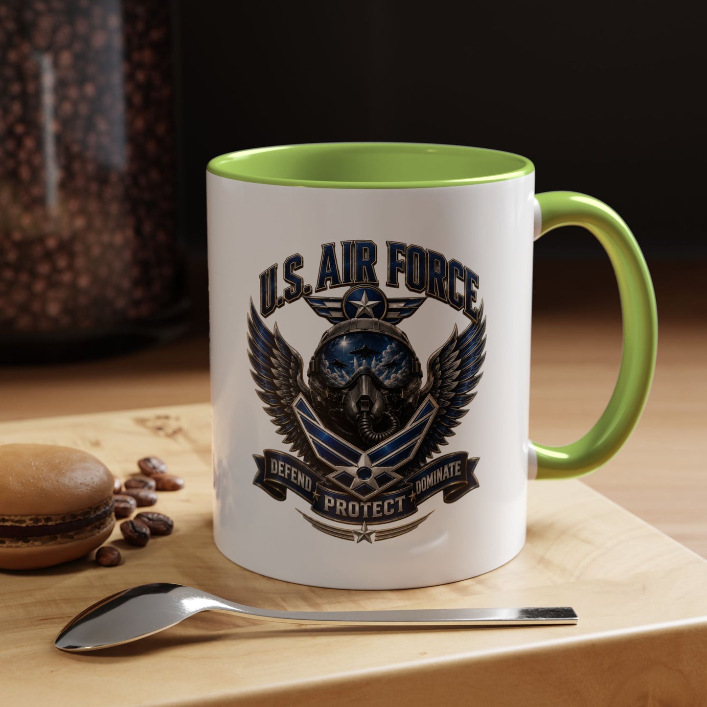 U.S. Air Force Emblem Accent Coffee Mug — Defend Protect Dominate (11/15oz)