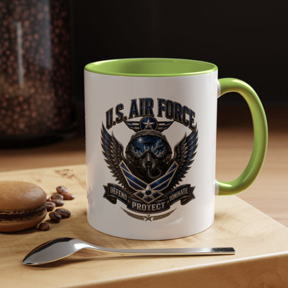 U.S. Air Force Emblem Accent Coffee Mug — Defend Protect Dominate (11/15oz)