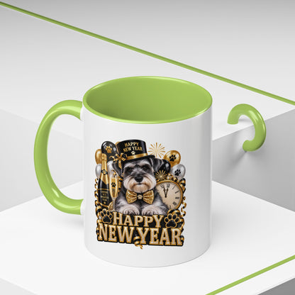 Happy New Year Dog Coffee Mug — Festive Black & Gold 11/15oz Accent Mug