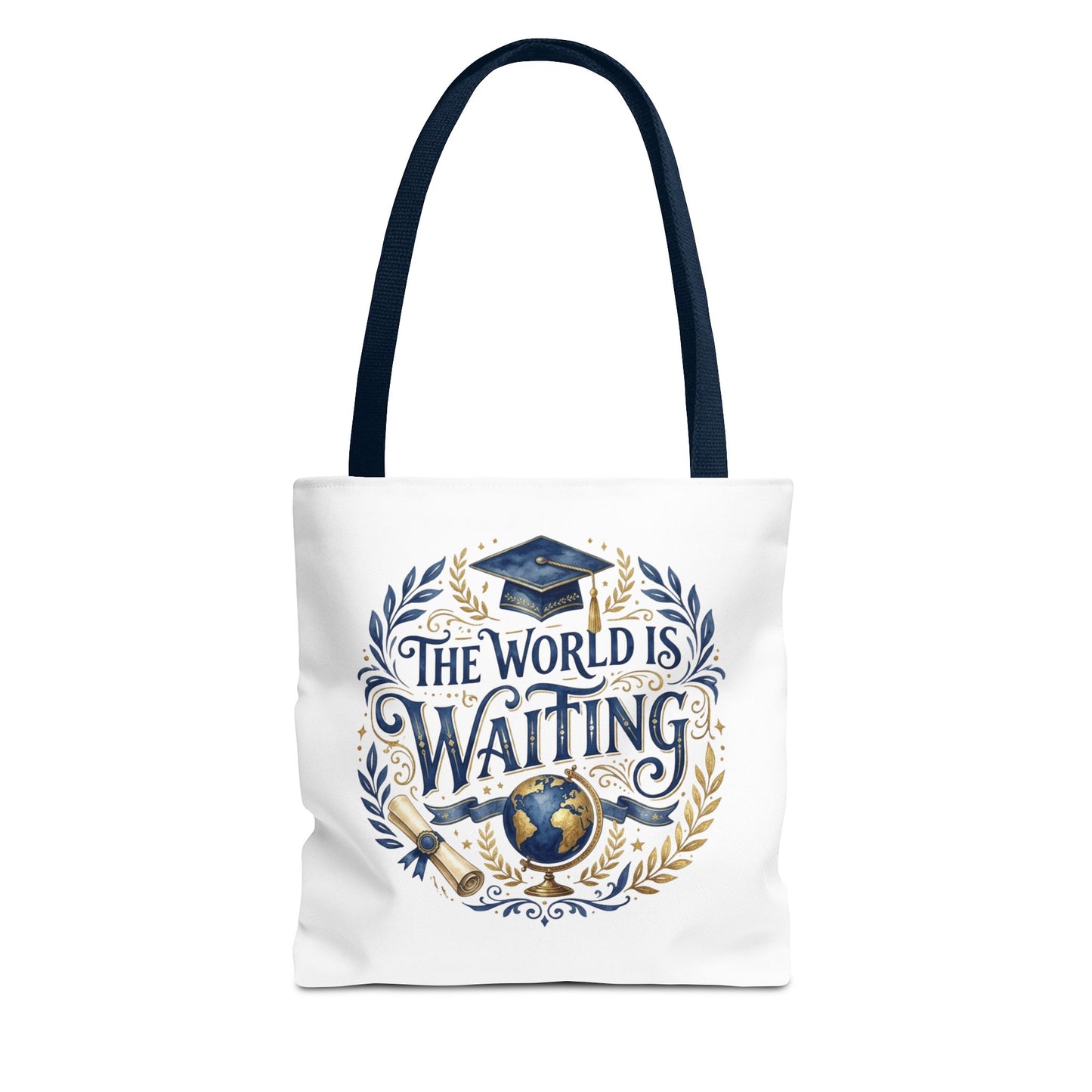 Graduation Tote Bag – "The World Is Waiting" Cap & Globe Design