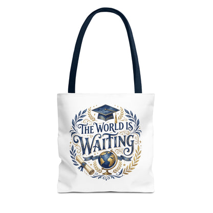Graduation Tote Bag – "The World Is Waiting" Cap & Globe Design