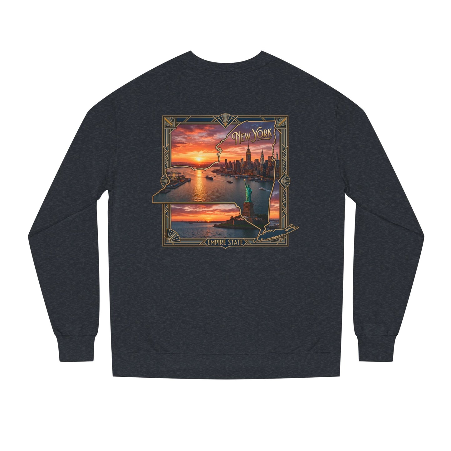 New York Sunset Crewneck Sweatshirt — Statue of Liberty Skyline Graphic