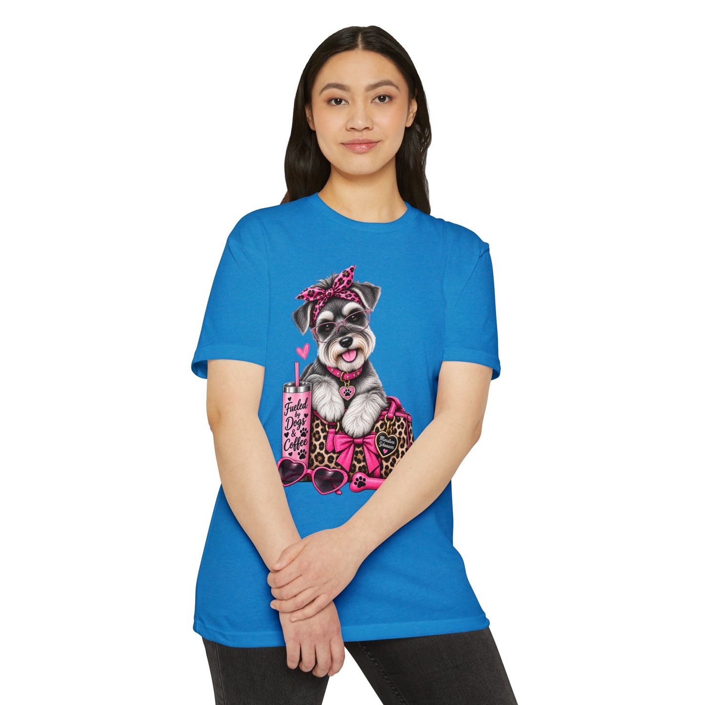 Schnauzer Fashion Tee — Cute Dog with Leopard Bag & 'Faith, Dog, Coffee' Design