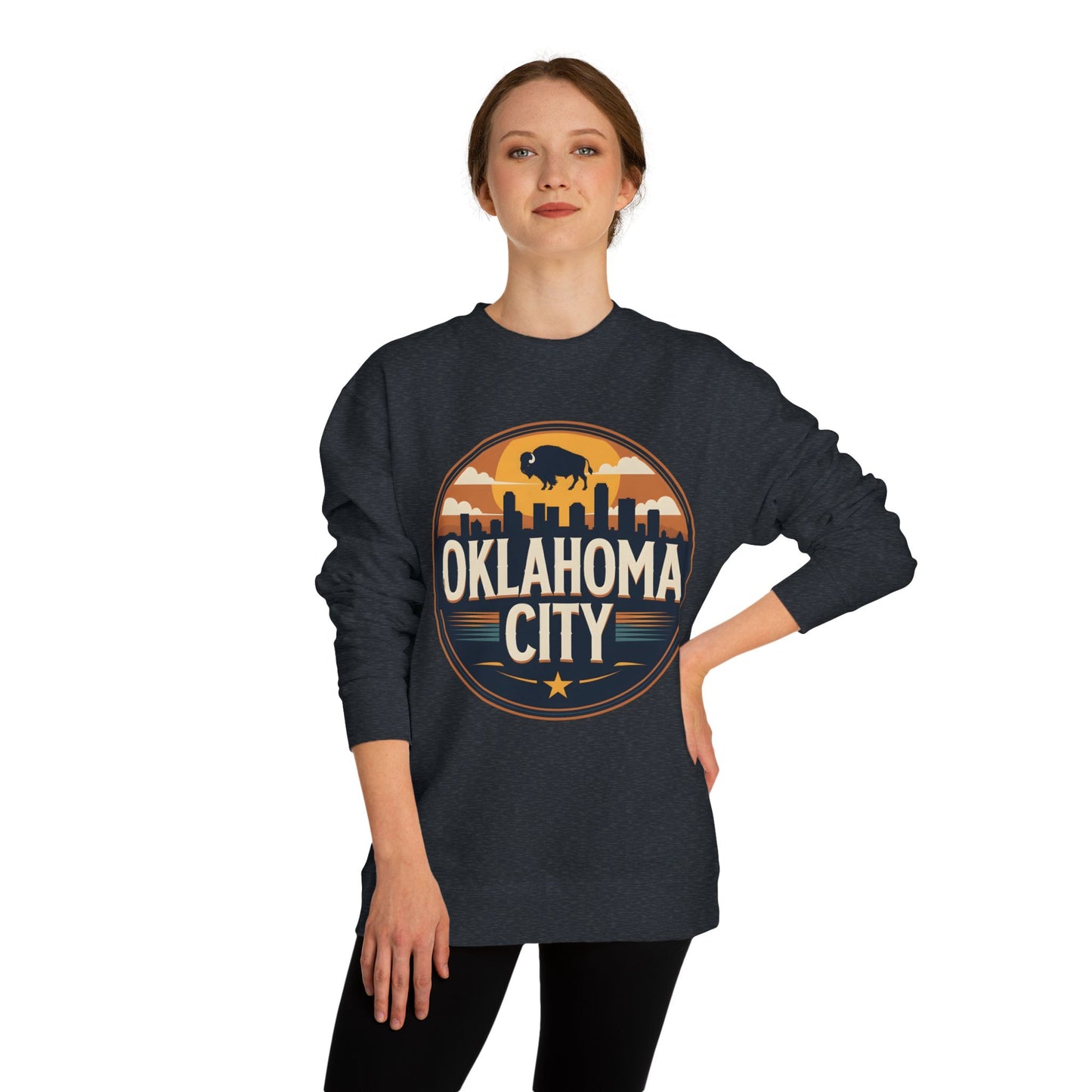 Oklahoma City Skyline Crewneck Sweatshirt — Retro Bison Graphic