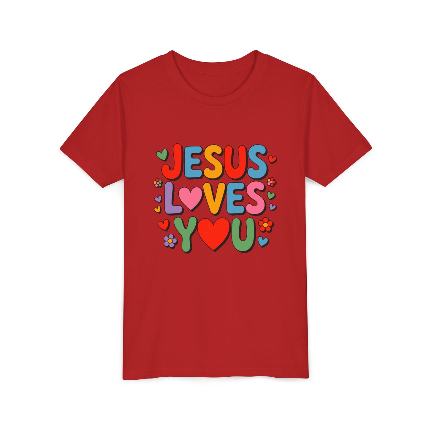 Youth Tee - "Jesus Loves You" Colorful Heart & Flower Christian Shirt
