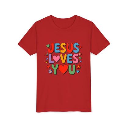 Youth Tee - "Jesus Loves You" Colorful Heart & Flower Christian Shirt